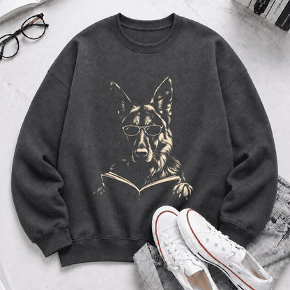 German Shepherd Reading Book Crewneck Sweatshirt | Reader Gift Dark Heather