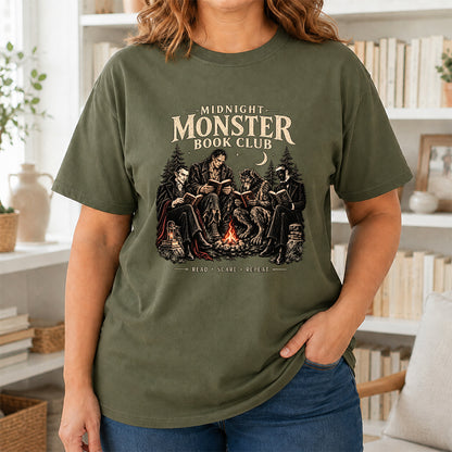 Midnight Monster Book Club Printed T-Shirt | Halloween Book Lover Gift Military Green
