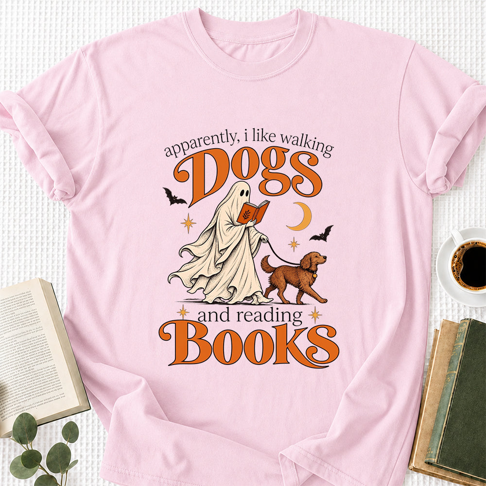 Apparently I Like Walking Dogs And Reading Books Printed T-Shirt | Halloween Dog Lover Reader Gift Light Pink
