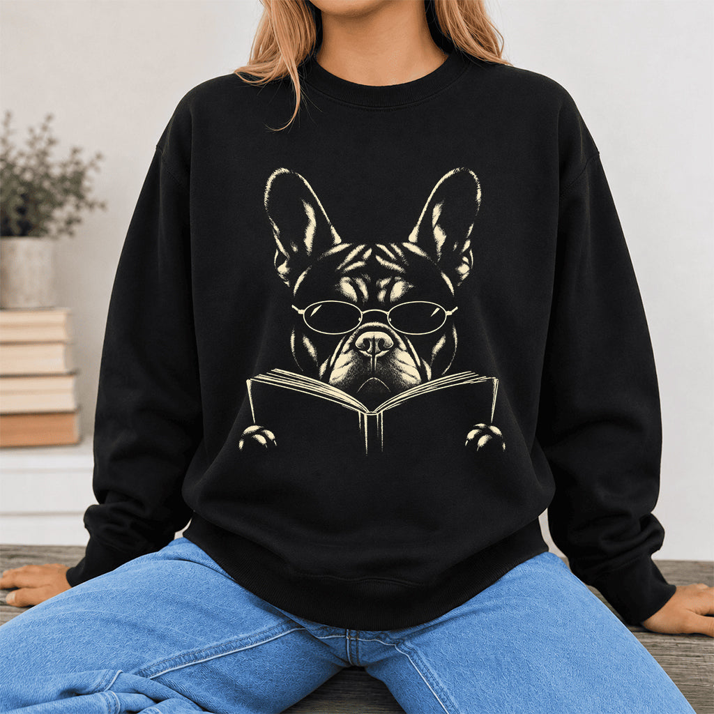 French Bulldog Reading Book Crewneck Sweatshirt | Reader Gift Black
