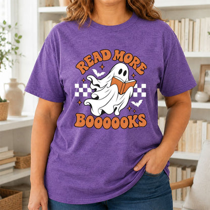Read More Books Flying Ghost Printed T-Shirt | Halloween Book Lover Gift Heather Purple