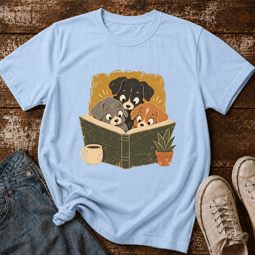 Minimal Japanese Dogs Reading Softstyle T-Shirt | Book Lover Gift Light Blue
