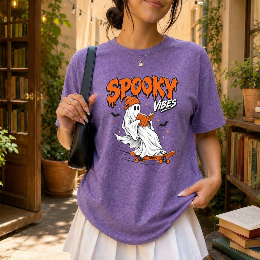 Spooky Vibes Printed T-Shirt | Halloween Book Lover Gift Heather Purple