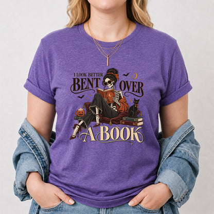 I Look Better Bent Over A Book Printed T-Shirt | Halloween Book Lover Gift Heather Purple