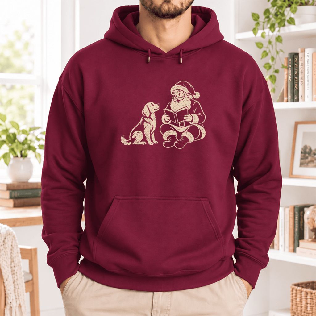 Funny Dog With Santa Christmas Softstyle Hoodie | Christmas Gift For Dog & Book Lover Maroon