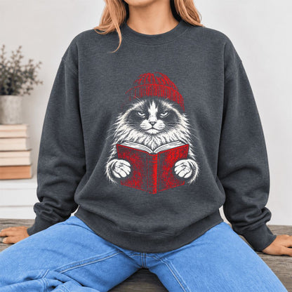 Vintage Reading Cat Ragdoll Softstyle Sweatshirt | Christmas Reader Gift Dark Heather