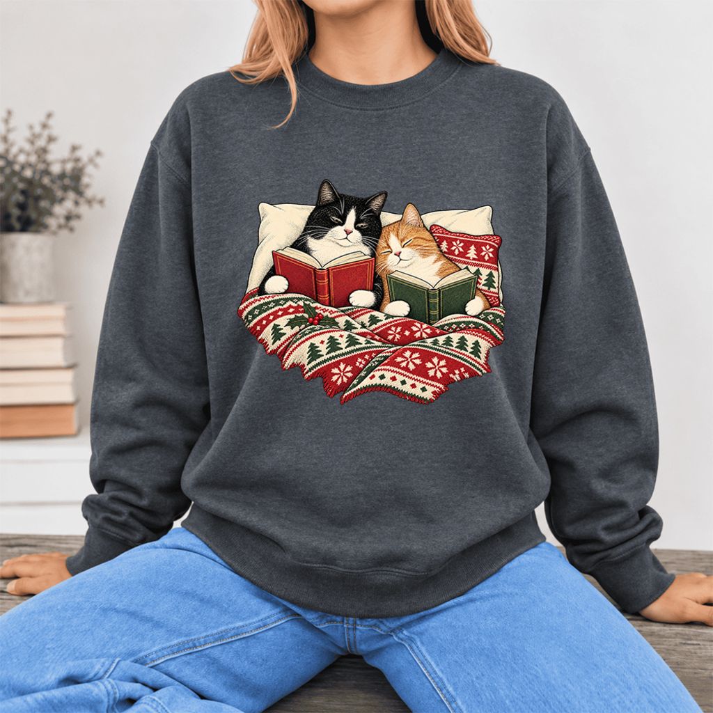 Christmas Reading Cat Couple Softstyle Sweatshirt | Cozy Christmas Gift Dark Heather