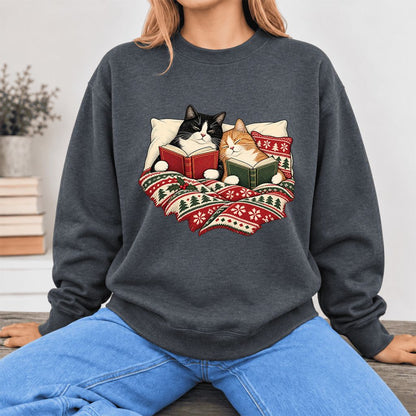 Christmas Reading Cat Couple Softstyle Sweatshirt | Cozy Christmas Gift Dark Heather