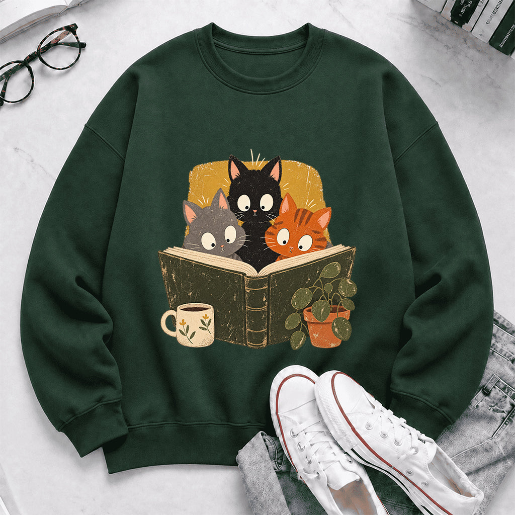 Minimal Japanese Cats Reading Crewneck Sweatshirt | Reader Gift Forest Green