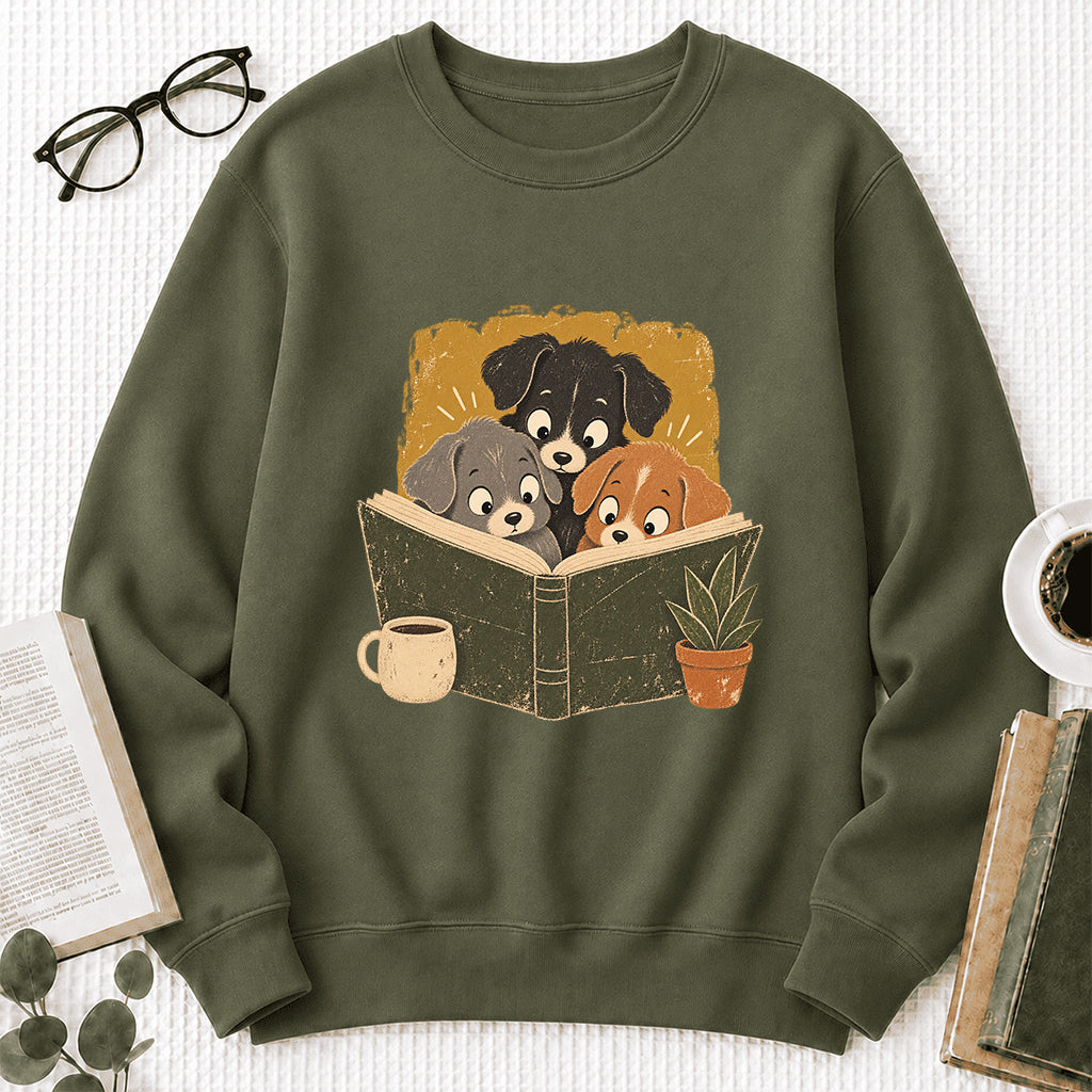 Minimal Japanese Dogs Reading Crewneck Sweatshirt | Reader Gift Military Green