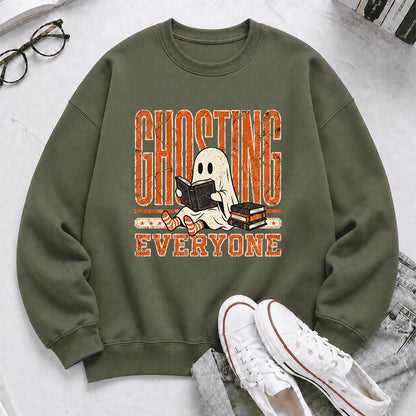 Ghosting Everyone Printed Sweatshirt | Halloween Book Lover Gift Military Green