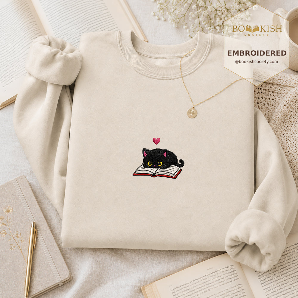 Black Cat and Book Embroidered Sweatshirt | Reader Gift Sand