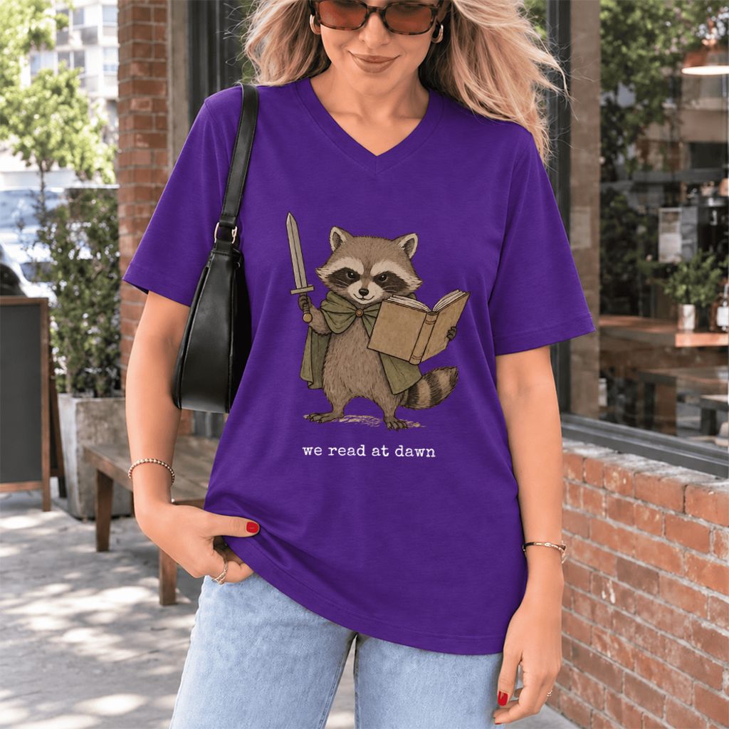 We Read At Dawn Funny Racoon Ultra-Soft V-Neck | Cozy Book Lover Gift Team Purple