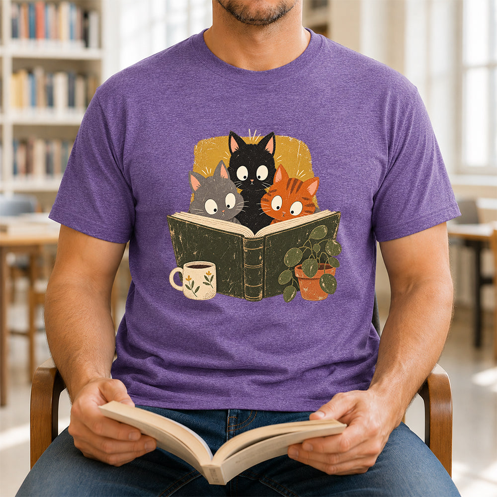 Minimal Japanese Cats Reading Softstyle T-Shirt | Book Lover Gift Heather Purple