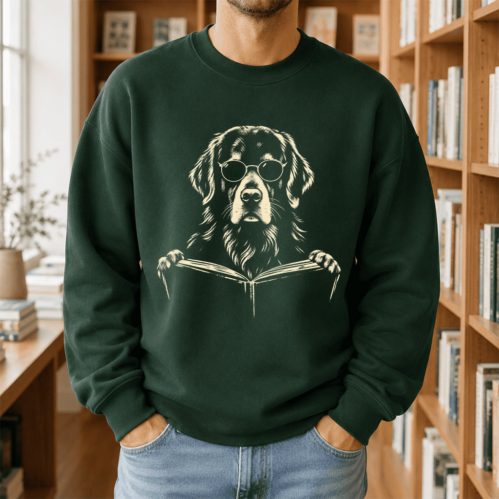 Golden Retriever Reading Book Crewneck Sweatshirt | Reader Gift Forest Green