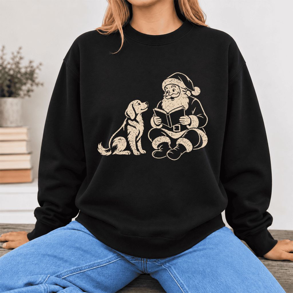 Funny Dog With Reading Santa Softstyle Sweatshirt | Christmas Book Lover Gift Black