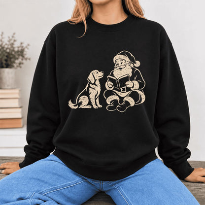 Funny Dog With Reading Santa Softstyle Sweatshirt | Christmas Book Lover Gift Black