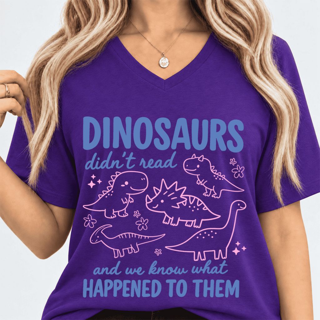 Dinosaurs Didn'T Read Ultra-Soft V-Neck | Funny Book Lover Gift Team Purple