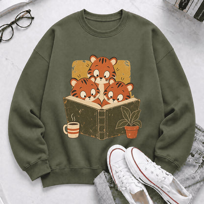 Minimal Japanese Tigers Reading Crewneck Sweatshirt | Reader Gift Military Green