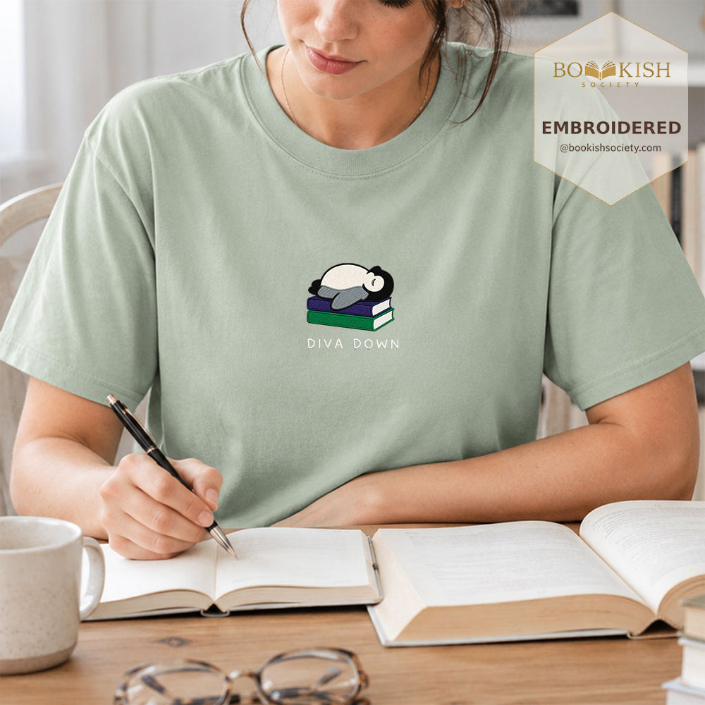 Embroidered Diva Down Penguin Comfort Color® T-shirt Book Lover Gift Bay