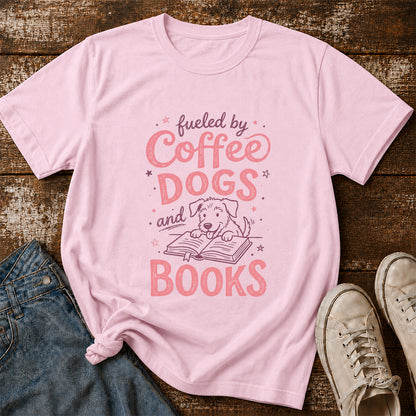 Fueled By Coffee Dogs and Books Cotton T-Shirt | Coffee, Dog Lover & Reader Gift Light Pink