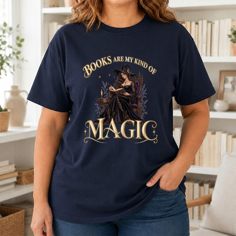 Books Are My Kind Of Magic Printed T-Shirt | Halloween Feminine Magic Reader Gift Navy