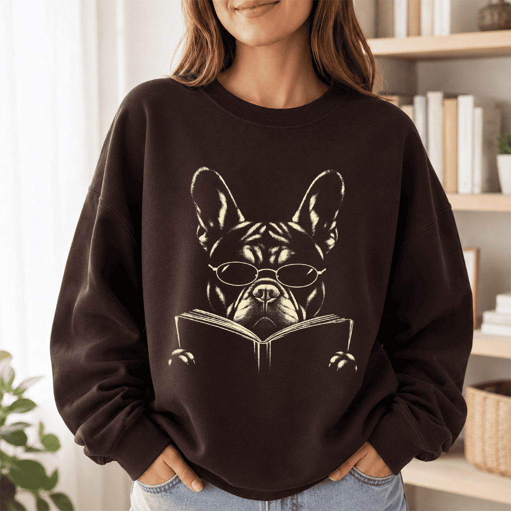 French Bulldog Reading Book Crewneck Sweatshirt | Reader Gift Dark Chocolate