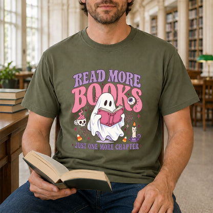 Read More Books Ghost Printed T-Shirt | Halloween Book Lover Gift Military Green