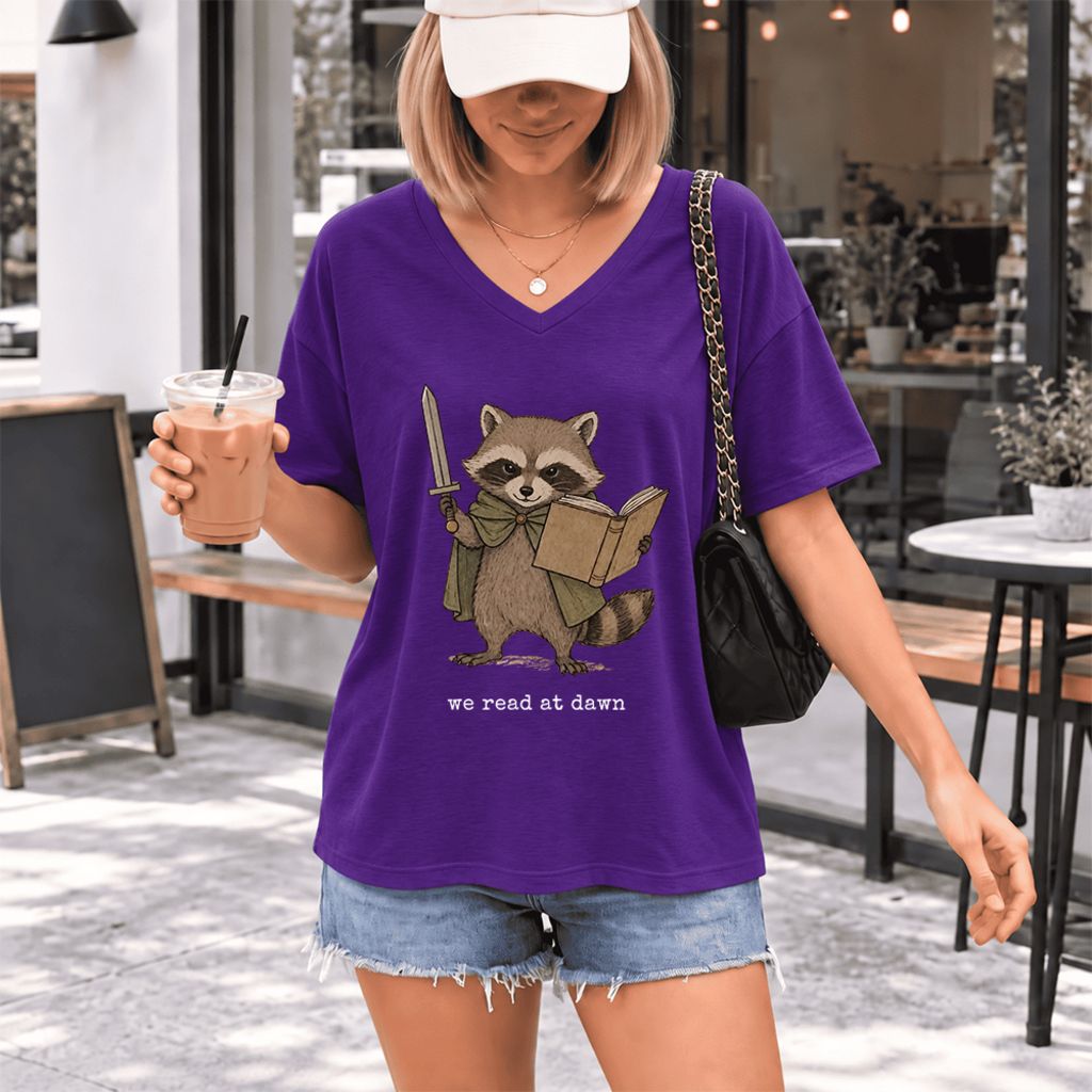 We Read At Dawn Funny Racoon Ultra-Soft V-Neck | Cozy Book Lover Gift Team Purple