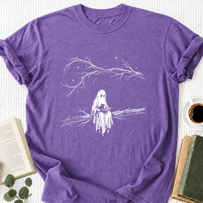 Reading Ghost With Black Cat Printed T-Shirt | Halloween Cat Lover Reader Gift Heather Purple