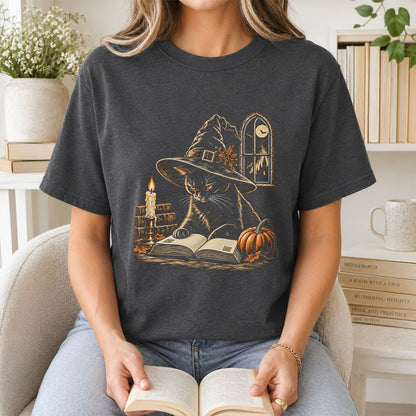 Reading Black Cat Witch Printed T-Shirt | Halloween Book Lover Gift Dark Heather