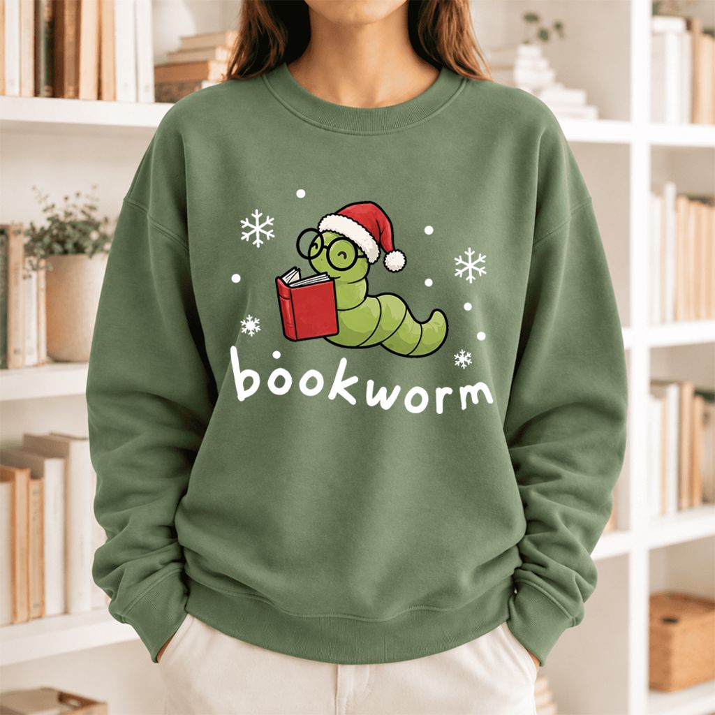 Christmas Bookworm Softstyle Sweatshirt | Christmas Book Lover Gift Military Green
