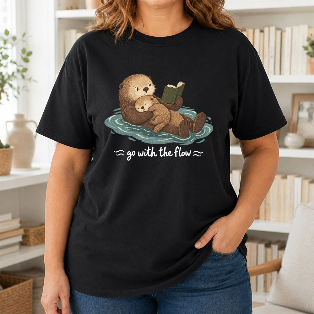 Go With The Flow Otter Reading Softstyle T-Shirt | Book Lover Gift Black