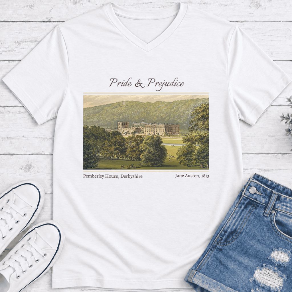Pemberley House Pride And Prejudice Ultra-Soft V-Neck | Classic Literature Reader Gift White