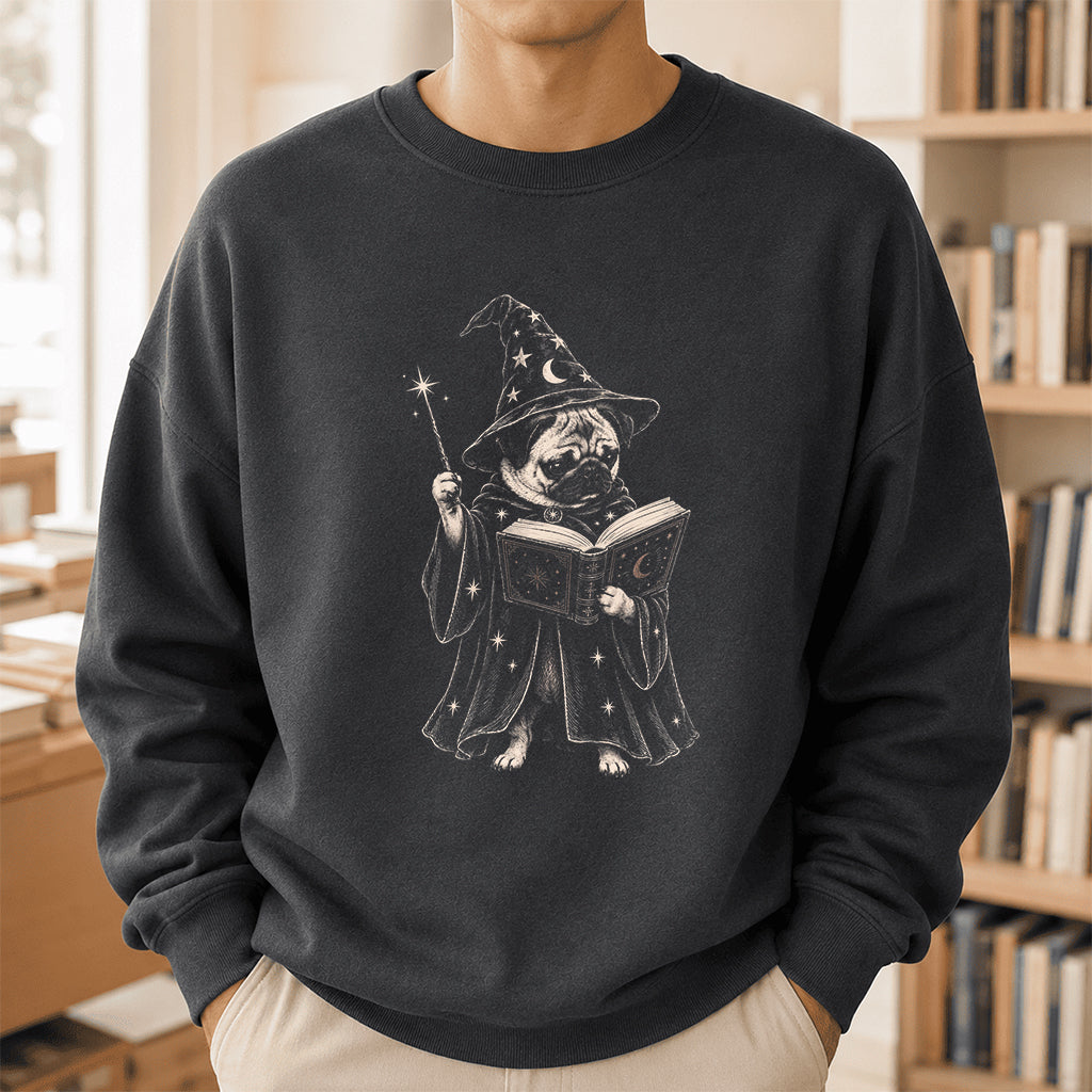 Cute Pug Witch Reading Book Printed Sweatshirt | Halloween Book Lover Gift Dark Heather