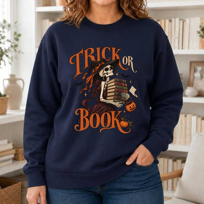 Trick Or Book Printed Sweatshirt | Halloween Book Lover Gift Navy