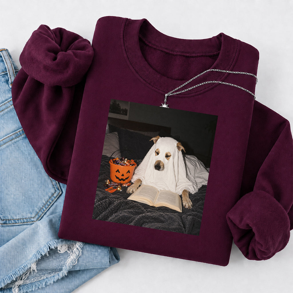 Cute Reading Ghost Dog Printed Sweatshirt | Halloween Book Lover Gift Maroon