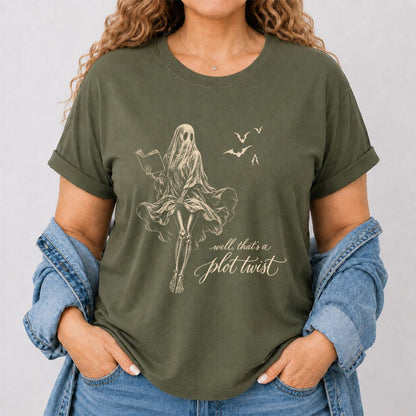 Funny Dress-Wearing Bookworm Ghost Printed T-Shirt | Halloween Book Lover Gift Military Green