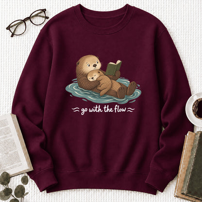 Go With The Flow Otter Reading Crewneck Sweatshirt | Reader Gift Maroon