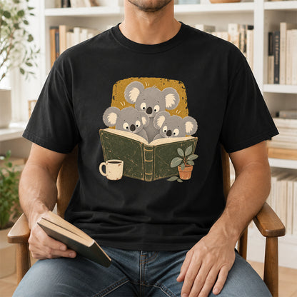 Minimal Japanese Koalas Reading Softstyle T-Shirt | Book Lover Gift Black