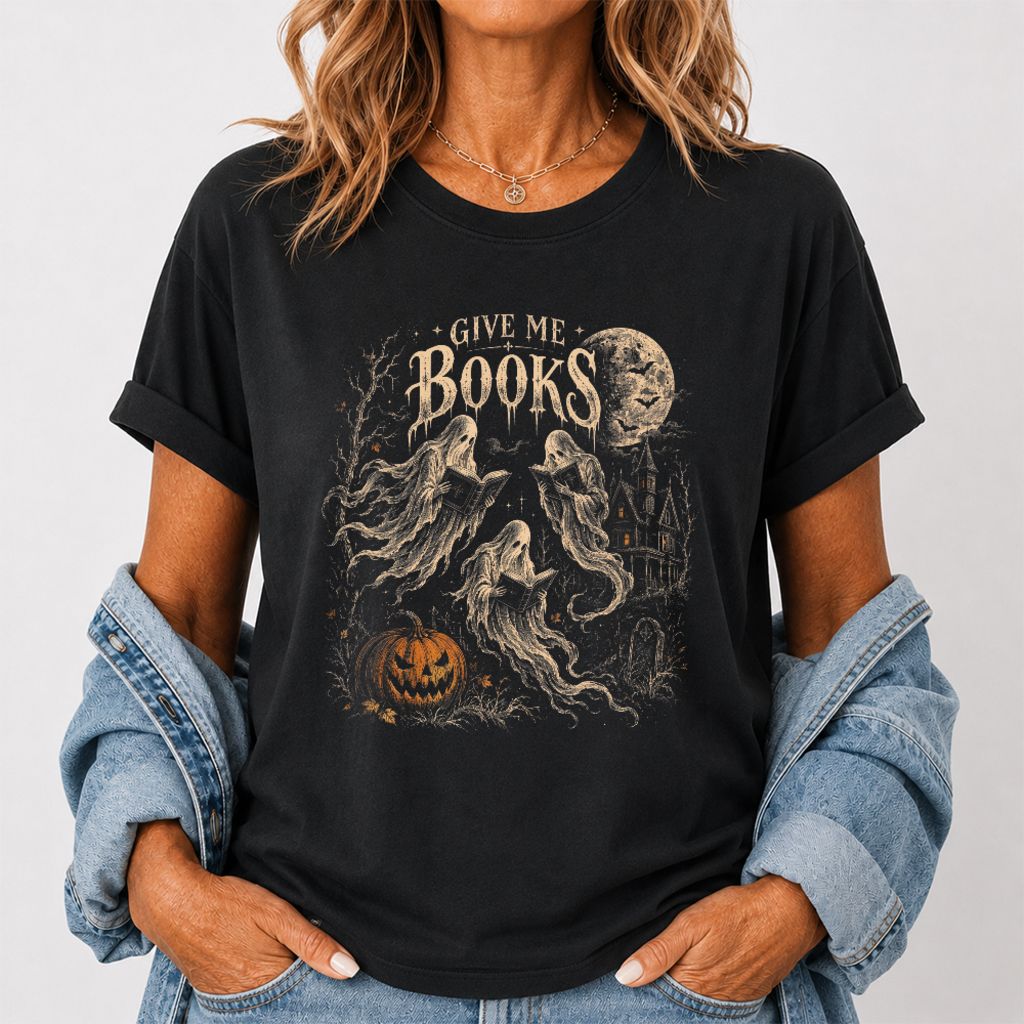 Give Me Books Printed T-Shirt | Halloween Book Lover Gift Black