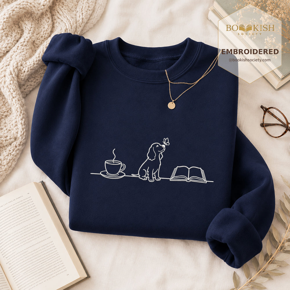 Coffee Dogs And Books Embroidered Sweatshirt | Reader Gift Navy