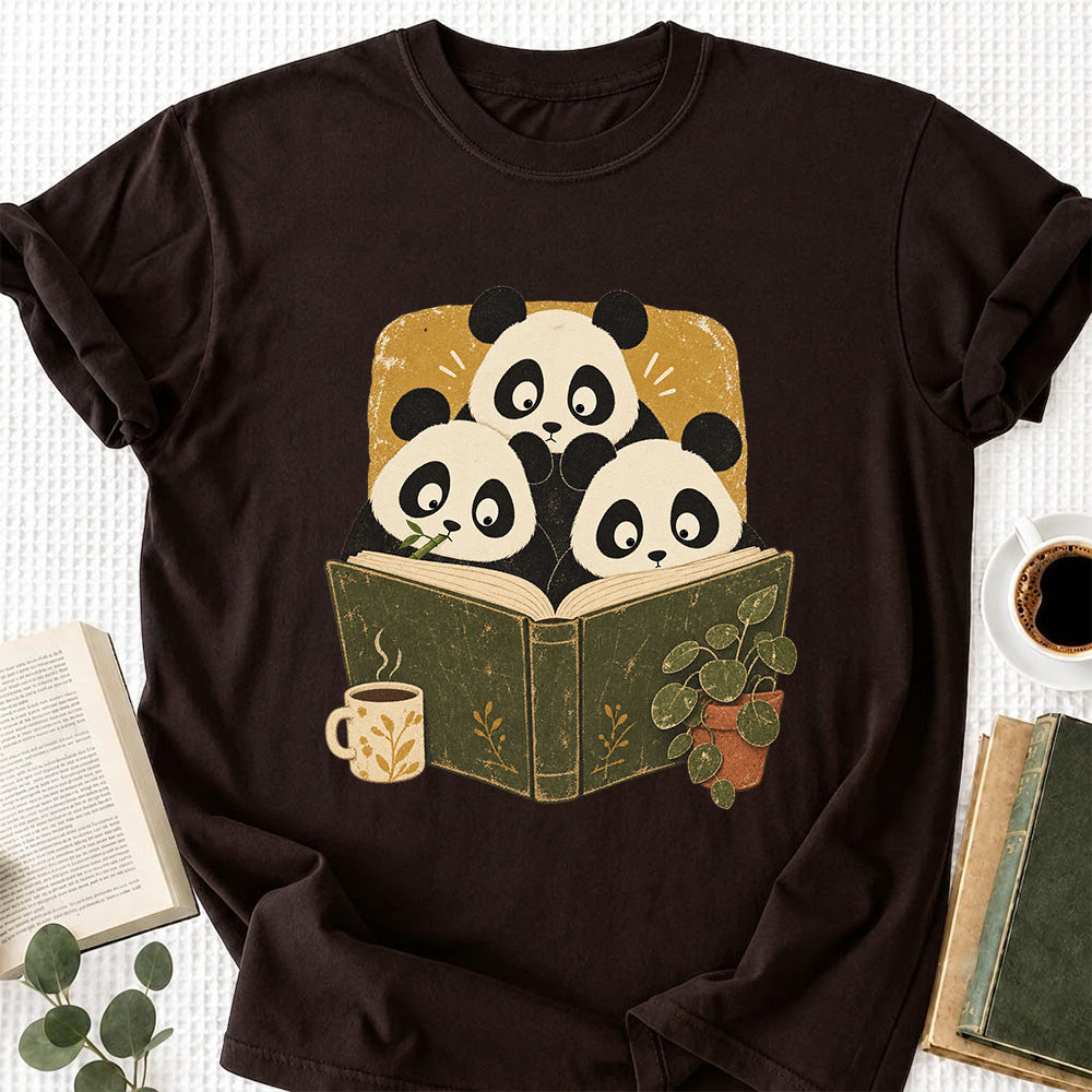 Minimal Japanese Pandas Reading Softstyle T-Shirt | Book Lover Gift Dark Chocolate