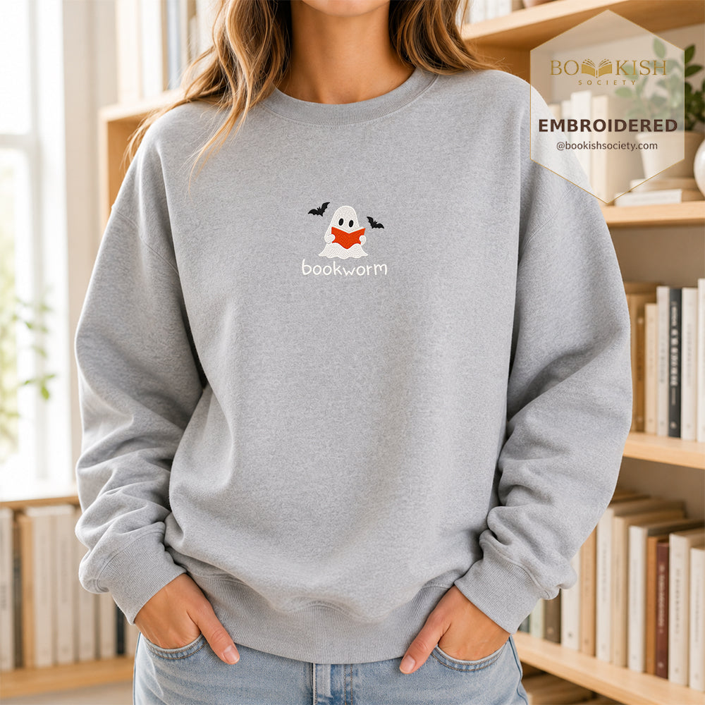 Bookworm Embroidered Sweatshirt | Halloween Book Lover Gift Sport Grey