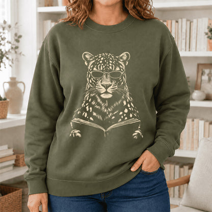 Leopard Reading Book Crewneck Sweatshirt | Reader Gift Military Green