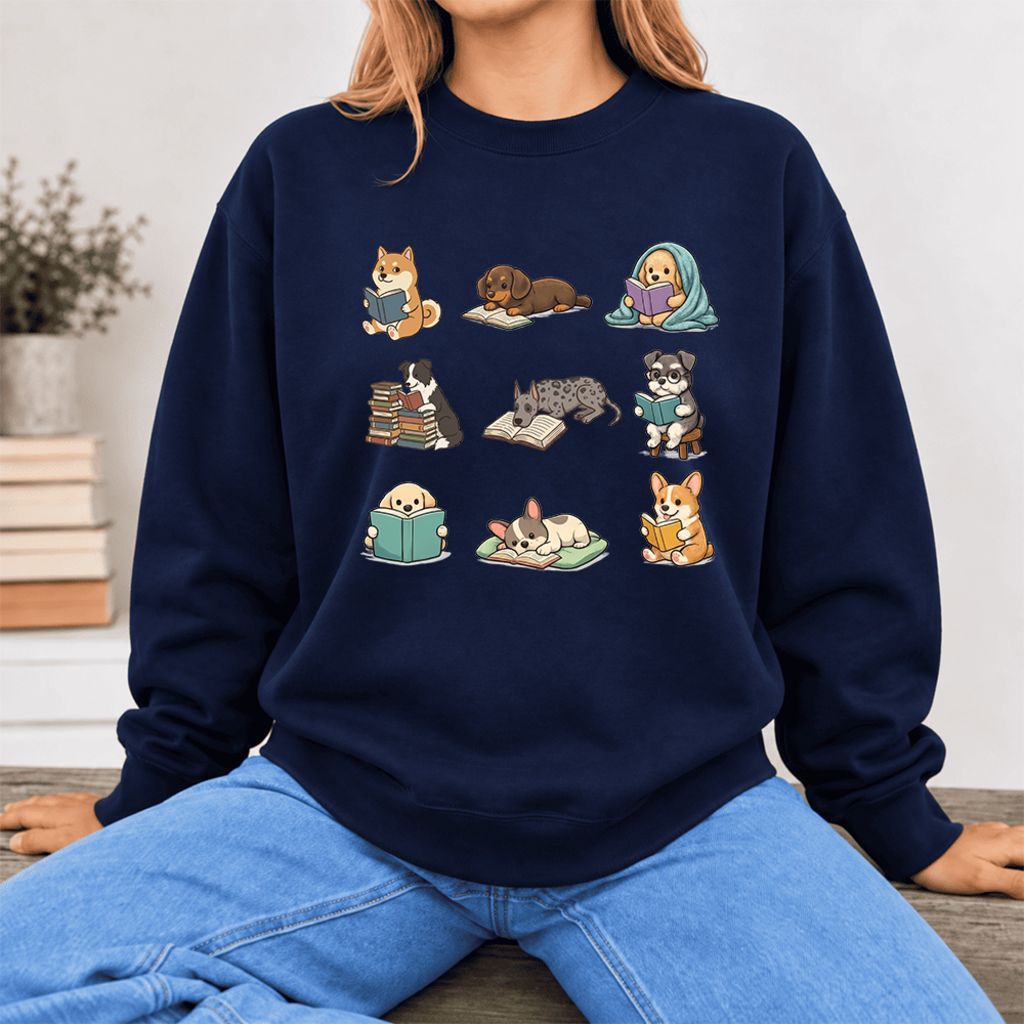 Funny Reading Dogs Embroidered Sweatshirt | Dog Mom Reader Gift Navy