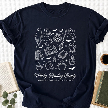 Witchy Reading Society Printed T-Shirt | Halloween Reader Gift Navy