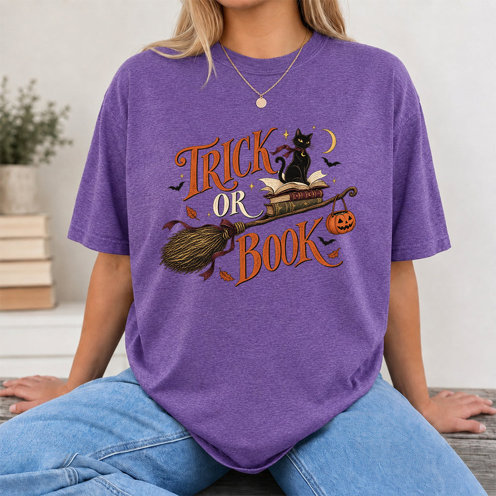 Trick Or Book Black Cat Printed T-Shirt | Halloween Book Lover Gift Heather Purple