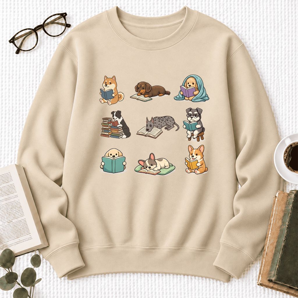 Funny Reading Dogs Embroidered Sweatshirt | Dog Mom Reader Gift Sand