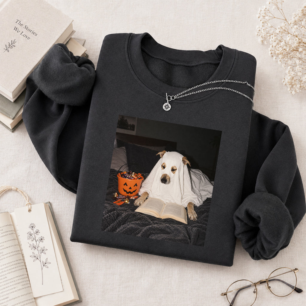 Cute Reading Ghost Dog Printed Sweatshirt | Halloween Book Lover Gift Dark Heather